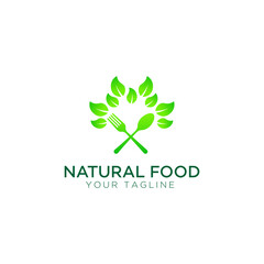 Fototapeta premium Healthy food logo with leaf elements, Restaurant logo with spoon and fork icon, Cafe or restaurant emblem