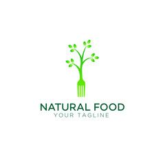 Obraz premium Healthy food logo with leaf elements, Restaurant logo with spoon and fork icon, Cafe or restaurant emblem