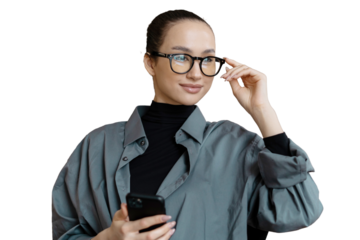 Portrait freelancer woman glasses casual clothes shirt personality smart, isolated transparent background.