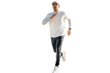 Man running jogging full-length, active training, isolated transparent background.