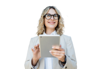 Business Woman blondie office using Tablet Formal wear, isolated transparent background. Office employee workplace