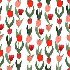 Seamless flower pattern,  Flat design floral background, Tulips repeat print, Colored garden illustration wallpaper, Spring flower design,  Blooming tulip ornament