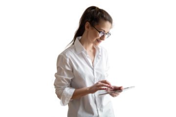 Female manager white shirt office using a tablet in the hand of an office employee, isolated transparent background.