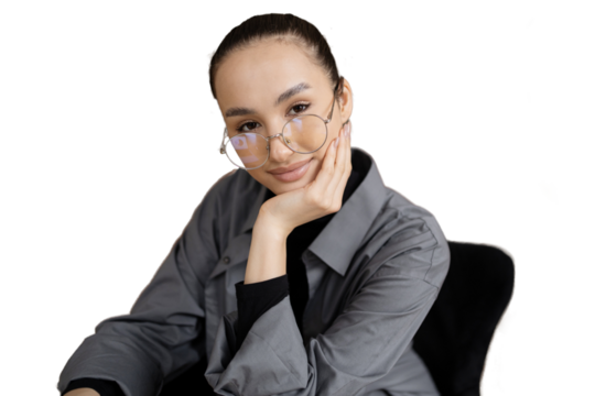 Close portrait of a woman office smile glasses formal wear, isolated transparent background.