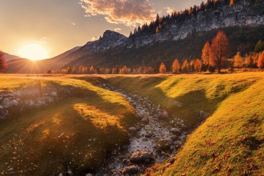 Illustration of Autumn meadow sunset, Leaves on ground, Mountains In Background, Orange Lighting, with a creek