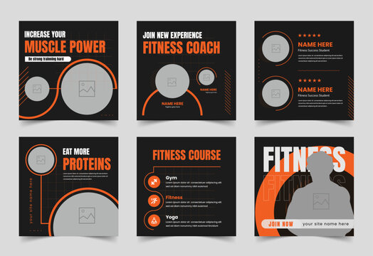 Gym and Fitness Social Media Post, square banner, gym set collection, fitness banner design