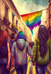 Obraz na płótnie Canvas Gay-friendly LGBTQ rainbow flag at Pride. Group of girls walking.