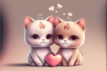 Fototapeta premium Couple of Kittens Valentines day illustration generative Ai.