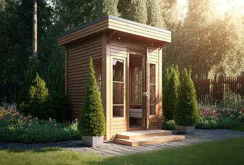 illustration of outdoor sauna cabin with nature green garden Generative Ai	