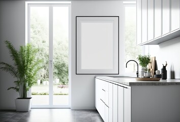 illustration of mock-up wall decor frame, empty frame in kitchen room Generative Ai	