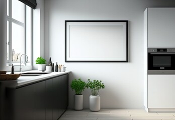 illustration of mock-up wall decor frame, empty frame in kitchen room Generative Ai	