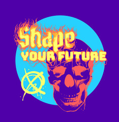 Brightly colored skull illustration with personalized flaming typography for poster and print design