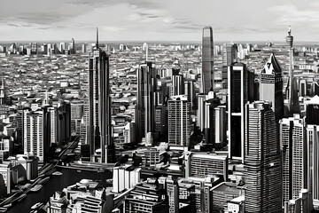 city skyline, white and black, buildings