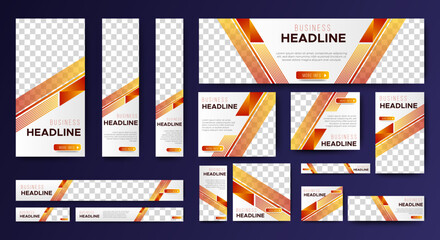 Business Headline web banners of standard size with a place for photos. Black and yellow. Vertical, horizontal and square template.	