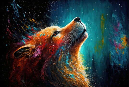 illustration of smiley face of animal with color splash oil painting style, cute fox cub Generative Ai	