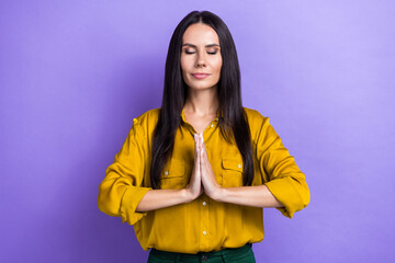 Photo of lovely cute lady wear stylish clothes eyes closed arm together pleading help stop war isolated on purple color background