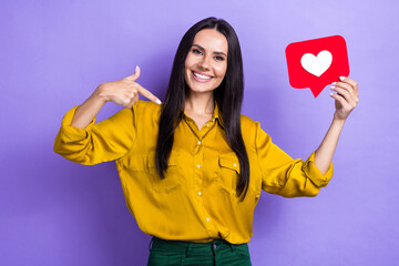 Portrait of attractive positive person point finger self herself hold like notification card...