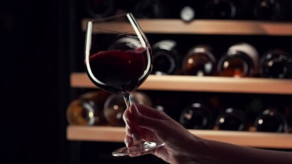 Close up female hand swirling red wine in wine glass. Wine expert tasting, rating and drinking wine, bottles in background. Slow motion video.