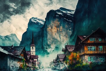 Fototapeta na wymiar oil painting style illustration of beautiful valley village, inspired from Lauterbrunnen village Switzerland Generative Ai 