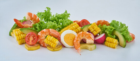 Salad, fruits, on white background   