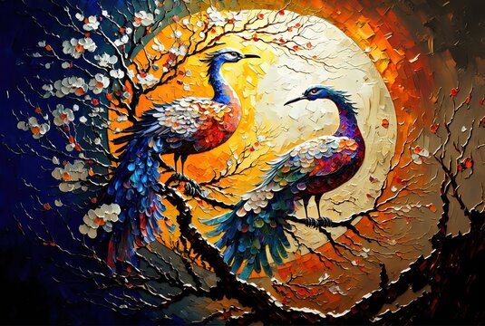 illustration of peacock birds couple, flirting moment, Generative Ai