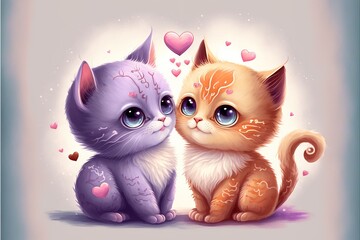 Fototapeta premium Couple of Kittens Valentines day illustration generative Ai.