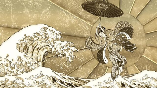 金の神奈川沖浪裏と傘で飛ぶ和服美人