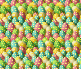 Fototapeta na wymiar Pastel Easter eggs pattern. Colorful Easter eggs with dots. Vintage seamless tile pattern. Easter happy mood eggs. Generative art.