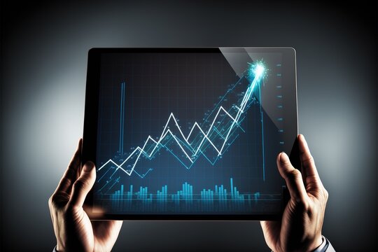 Business Man holding a tablet with virtual chart for trader analysis - Business Stock Market Concept