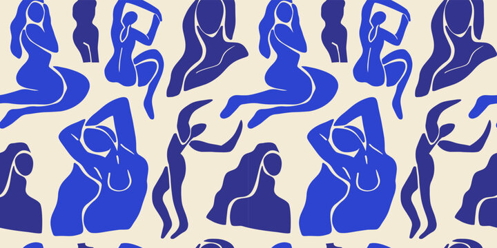 Abstract blue women seamless pattern. Background illustration of flat cartoon woman figures, young vintage art female wallpaper. Backdrop design for fashion fabric or modern trend print.