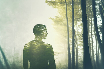 Multiple exposure photography of man and forest