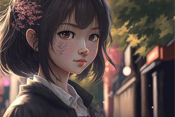 Obraz premium Illustration of a Japan anime schoolgirl with brown eyes and brown hairs, face tattoo looks forward park background generative ai