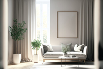 Mockup poster frame on the wall of the modern Scandi Style living room. Scandi Style interior. Luxurious background with contemporary design. Modern interior design, generative ai.