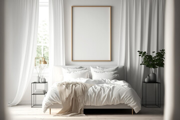 Mockup poster frame on the wall of the modern Scandi Style bedroom. Scandi Style interior. Luxurious background with contemporary design. Modern interior design, generative ai.