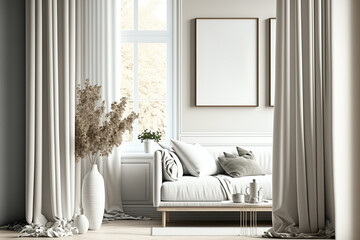 Mockup poster frame on the wall of the modern Scandi Style living room. Scandi Style interior. Luxurious background with contemporary design. Modern interior design, generative ai.