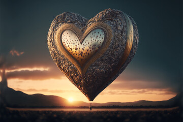 Fototapeta premium Golden heart shaped hot air balloon, sunset background, Generative AI