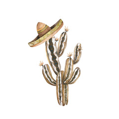 Cactus watercolor illustration. Cactus in a hat, sombrero, Mexico