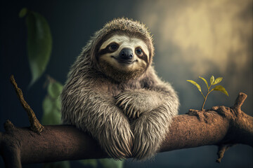 sloth in its natural habitat, watching from a high branch - obrazy, fototapety, plakaty