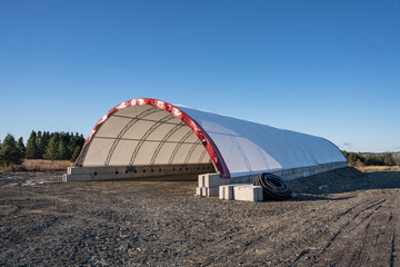 Constuction of a commercial fabric dome. Hoop building. Canvas. Fabric covered. Dome storage. Fabric building. Hoop building. Storage. Prefabricated. Commercial dome.  Dome. Fabric structure. 