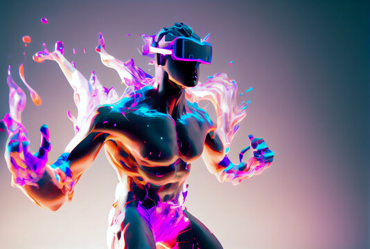 3d character style nft collection with VR goggles immersed in backlit diffuse liquid. metaverse concept, technology, video games and virtual reality, generative artificial intelligence