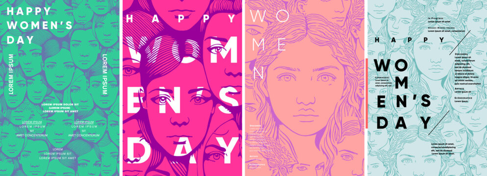 Girls' Faces. A pattern of faces. Women's Day holiday. Typography posters design. Set of flat vector illustrations. Layout creative. Print, label, cover.
