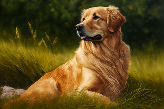 beautiful dog of the golden breed sitting on the grass Generative AI