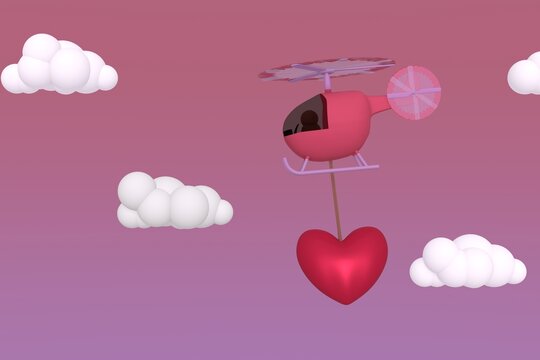 Helicopter carrying a heart through the pink sky with white puffy clouds. 3D Render