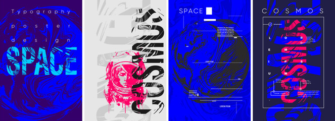 Space, planet, space storm, grunge. Typography posters design. Set of flat vector illustrations. Layout creative. Print, label, cover. © Molibdenis-Studio