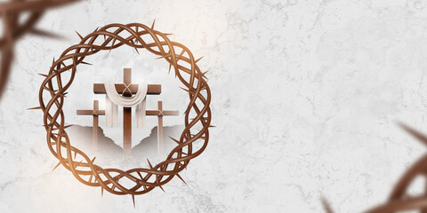 Background with cross and crown of thorns in 3d render