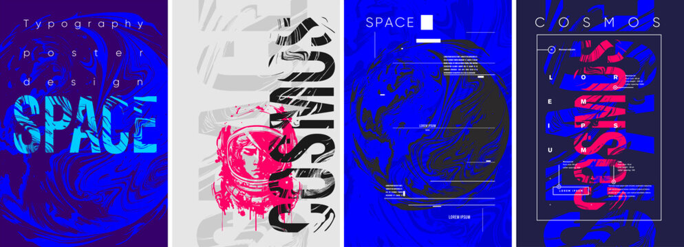 Space, Planet, Space Storm, Grunge. Typography Posters Design. Set Of Flat Vector Illustrations. Layout Creative. Print, Label, Cover.