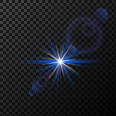 A blue, bright star flashes with luminous rays. Radiant blur with glare effect.