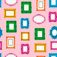 Set of various decorative Frames or Borders. Different shapes. Photo or mirror frames. Vintage design. Elegant, modern flat style. Hand drawn Vector illustration. Square seamless Pattern
