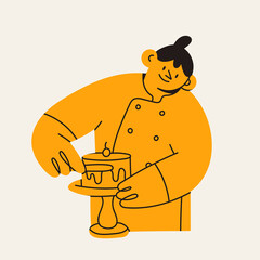 A confectioner or baker decorates glazed Cake. Pastry chef. Cute cartoon character. Hand drawn isolated Vector illustration. Pastry shop, working in confectionery, baking, cooking class concept