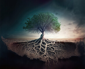 Green tree growing on the edge of wasteland with twisted roots going down into darkness, generative AI illustration